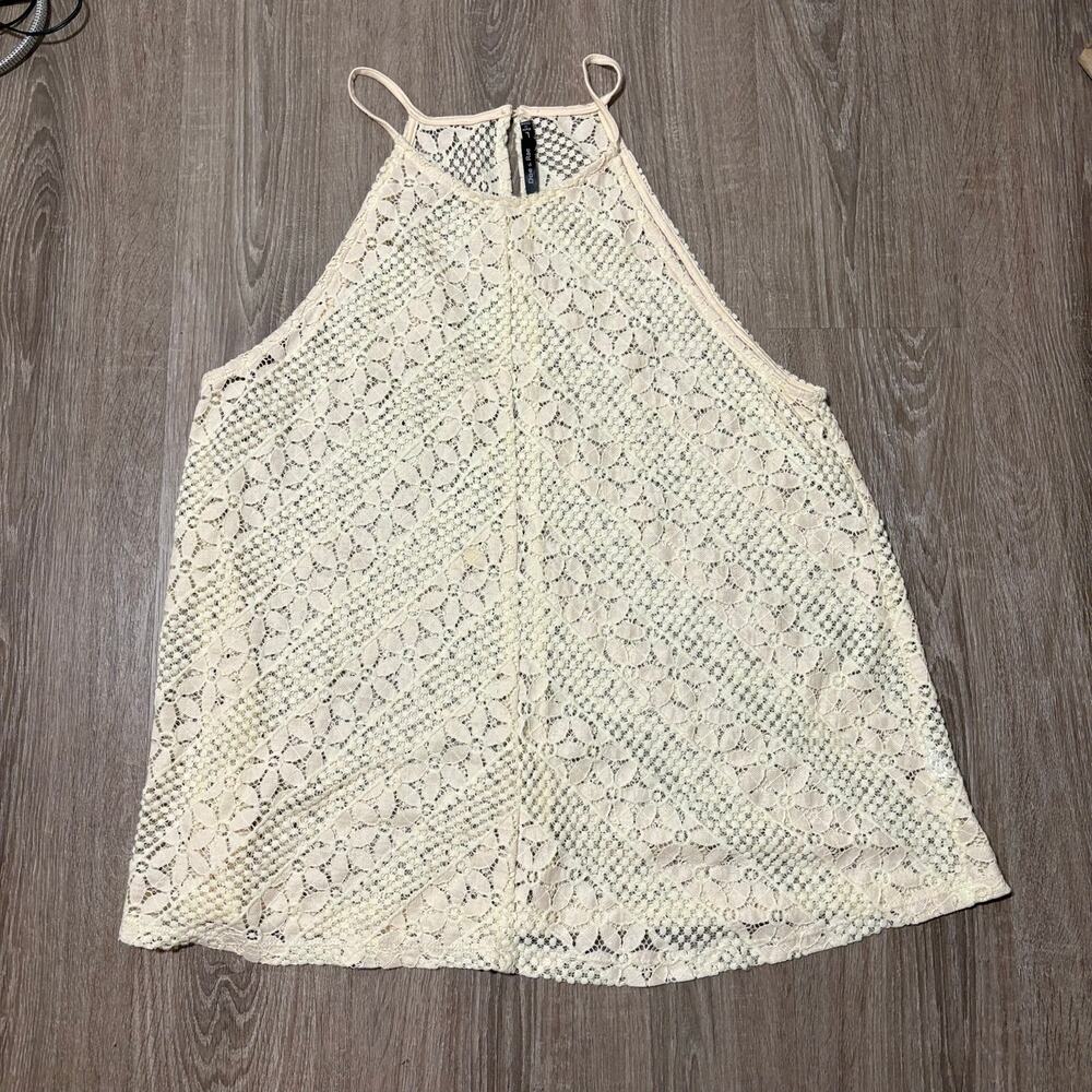 Anthropologie Doe & Rae Cami Tank Top Ivory Lace High Neck Sz L Boho Romantic